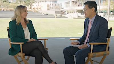 Assistant professor of dance Taryn Van der Hoop speaks with Provost Tom Poon