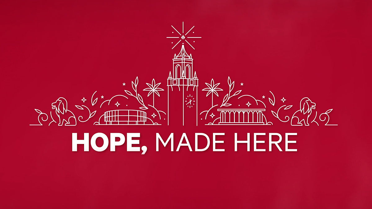 A stylized illustration of Sacred Heart Clock Tower, the Foley Building, and the William H Hannon Library with the words Hope Made Here